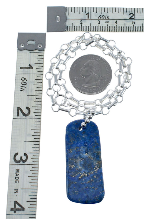Native American Sterling Silver Lapis Link Chain Necklace Pendant Set AX128047
